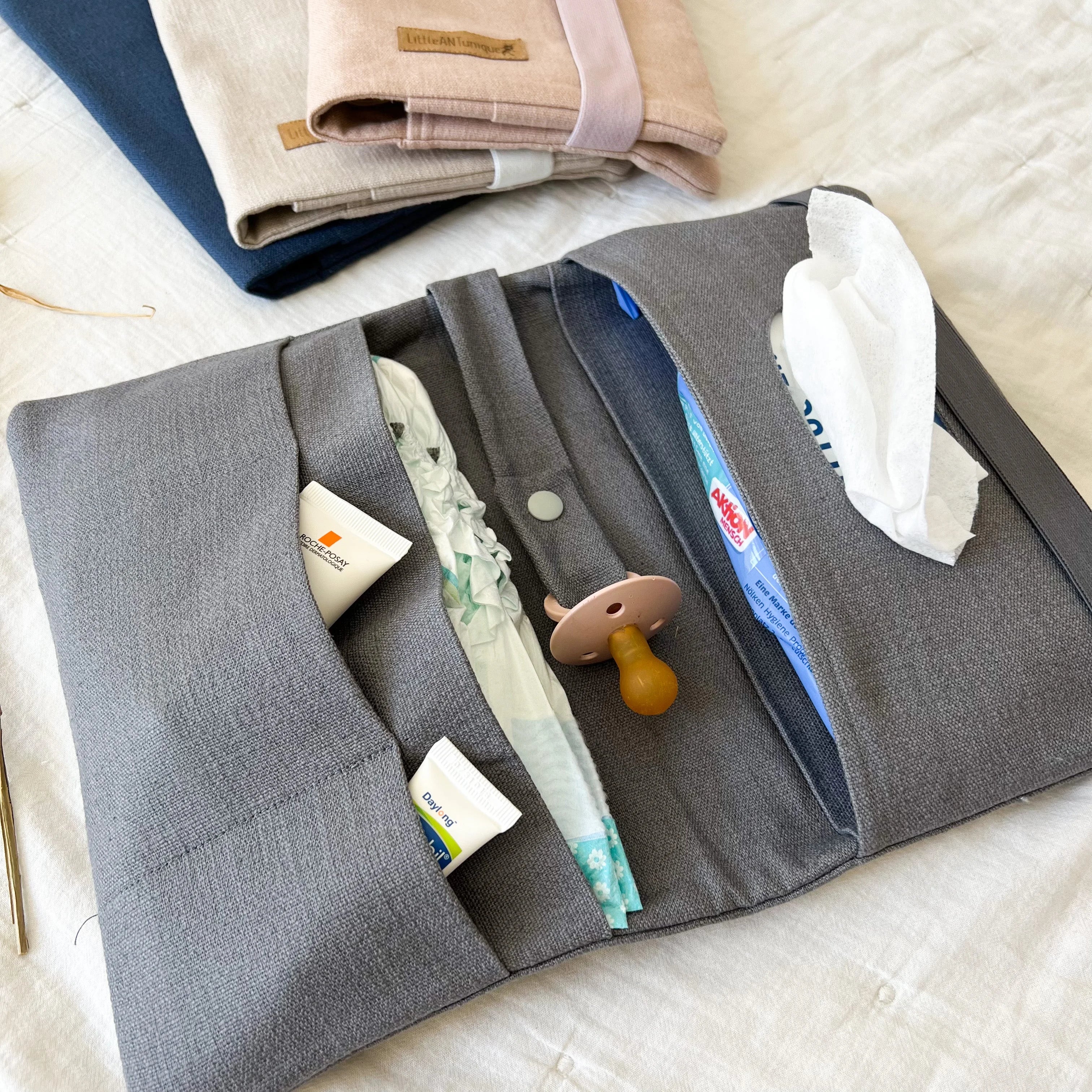 Wickeltasche Windeltasche XL aus Leinen in altrosa, beige, grau und jeans