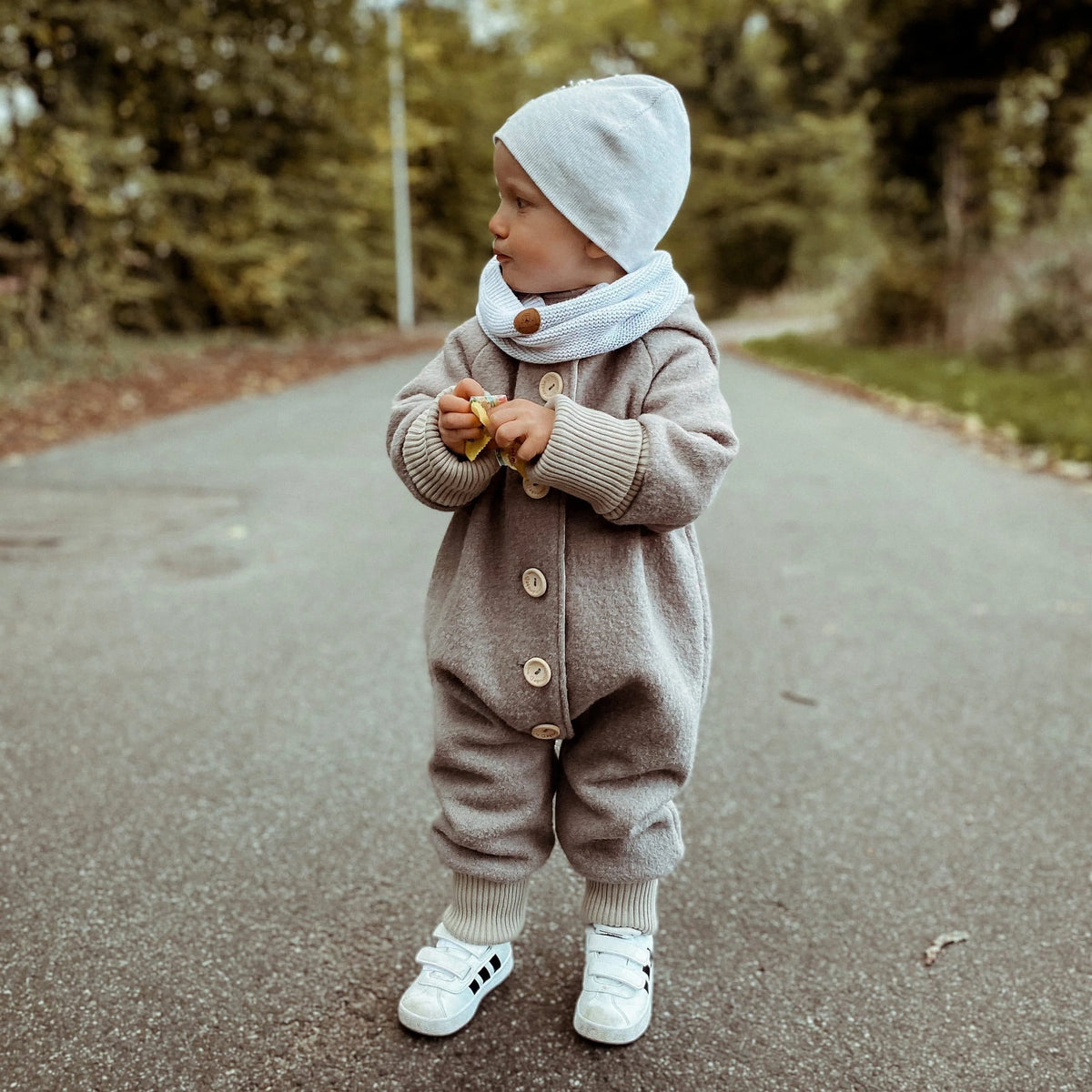 Walkoverall, Winteroverall in taupe/ innen Federn oder leo