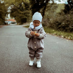 Walkoverall, Winteroverall in taupe/ innen Federn oder leo