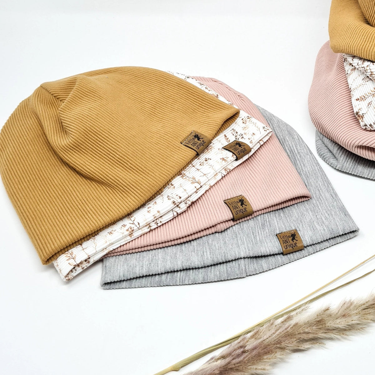 Beanie Mütze Ripp rosa, graumeliert und camel